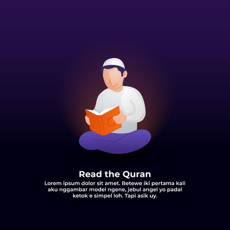 muslim man reading quran modern flat illustration. ramadan activity concept vector illustration design.のイラスト素材