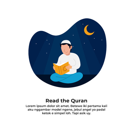 muslim man reading holy quran for ramadan activity with night scene background vector illustration design.のイラスト素材