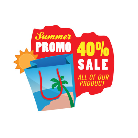 40% off sale summer promotion logo badge vector illustration. beach shopping bag icon with label text design.のイラスト素材