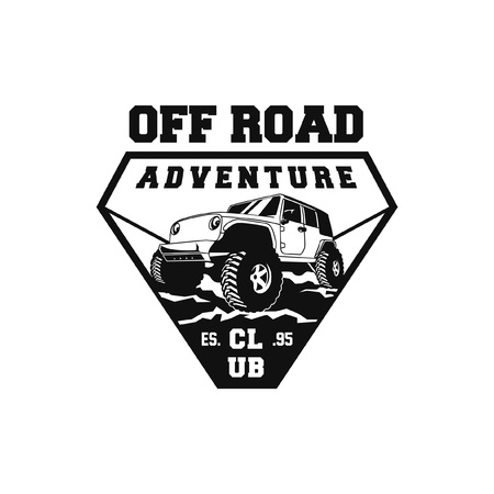 off road adventure car logo badge vector design. 4x4 vehicle run over the forest ground illustration for extreme expedition community club identity in diamond frameのイラスト素材