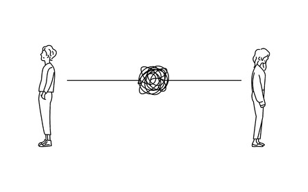 complicated couple bad communication relationship doodle drawing vector illustration. Standing boy and girl back to back with tangled messy scribble connection line.のイラスト素材