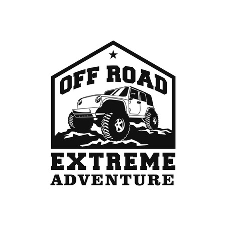 off road extreme adventure car logo badge vector design. 4x4 vehicle illustration for expedition community club identity.のイラスト素材