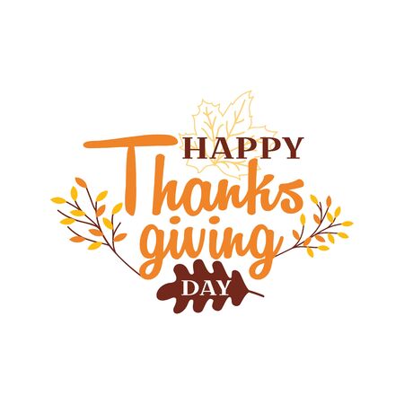 Happy thanksgiving day text logo badge design. Typography with autumn fall twigs vector illustration.のイラスト素材