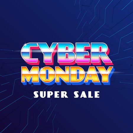 Cyber monday super sale poster background social media template vector illustration. 1980s old retro game typography on cyberspace banner designのイラスト素材