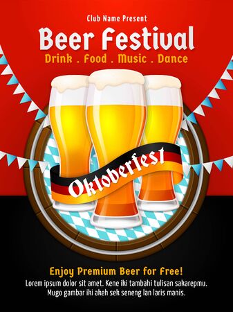 Oktoberfest poster vector. Munich beer festival flyer design. Group of full glass beer illustration with barrel background and bavaria flag decoration. Banner, label, invitation template.のイラスト素材