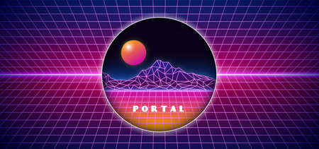 Futuristick 1980s style digital space isolated portal hole background. 80s space surface landscape...