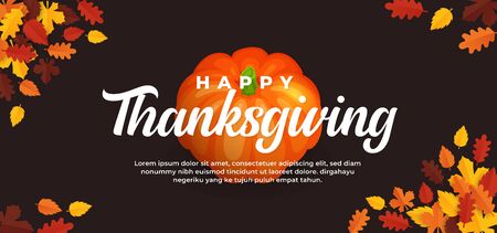 Happy thanksgiving day text on pumpkin fruit background and fall dry leaves vector illustration banner templateのイラスト素材