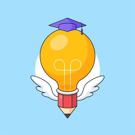 Flying big head light bulb lamp pencil with wing and toga hat vector illustration for smart education visual concept designのイラスト素材