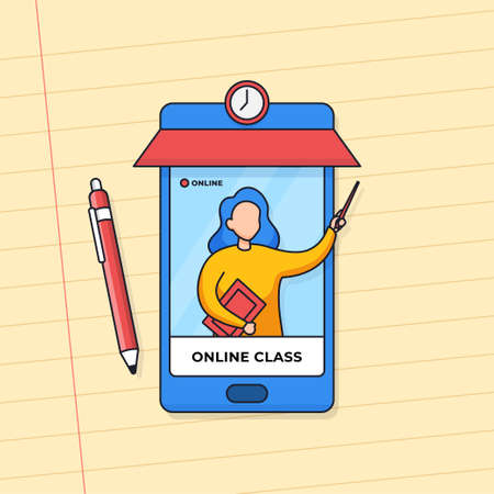 Teacher presenting lesson on smartphone screen for online class learning from home with mobile applicationのイラスト素材