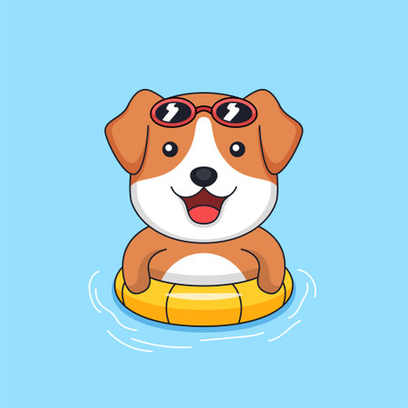 Cute dog wearing sunglasses and floating tire on swimming pool animal mascot cartoon vector illustrationのイラスト素材