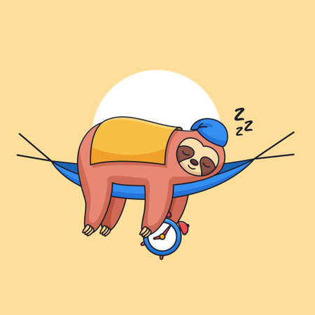 Cute sloth sleeping wearing blanket and holding alarm clock animal cartoon vector illustrationのイラスト素材