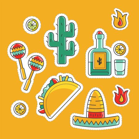 Collection of vector sticker illustration pack. Colorful mexican symbols of country, national culture. Traditional signs of mexican traveling.のイラスト素材