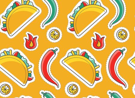 Simple colorful bright color vectot seamless background with mexican tacos and burrito with hot chili pepper and lime. Mexican traditional fast food textile endless background.のイラスト素材