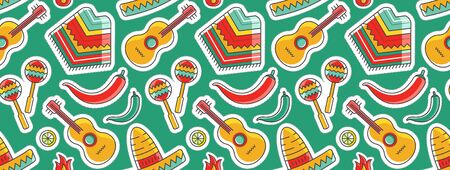 Simple colorful bright color vector seamless background with mexican poncho, guitar and sombrero. Mexican traditional symbols made as textile endless background.のイラスト素材