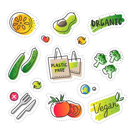 Collection of eco natural illustrations in sketchy minimalistic style of healthy eco natural products, free hand vector drawing of plastic free zero waste lifestyle. Drawn images of farming veggiesのイラスト素材