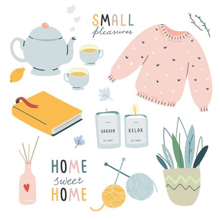 Collection of cute vector illustration hygge lifestyle elements. Autumn and winter comfort mood. Home decorations isolated on white background. Scandinavian style. Pastel color.のイラスト素材