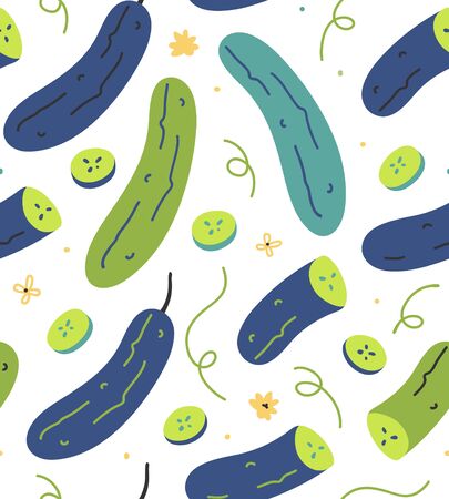 Seamless vector pattern with hand drawn cucumber green vegetables. Endless repeat background of  handdrawn veggies with slices and doodles. Trendy flat naive style. good for print fabric or wrapping.のイラスト素材