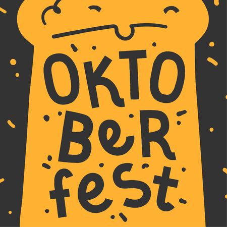 Handdrawn illustration in black and yellow colors with background.  Beer mug and handwritten lettering for oktoberfest celebration. Good for print poster or banner for october beer festifal.のイラスト素材