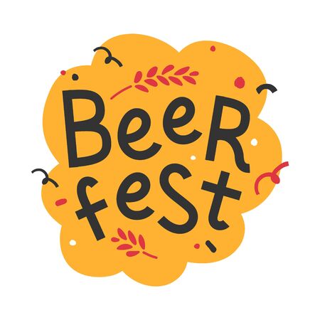 Handdrawn trendy flat illustration with background. Handwritten lettering for oktoberfest celebration. Good for print poster or banner for october beer festifal. Wheat branch and doodle elements.のイラスト素材