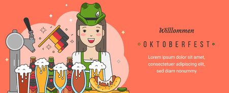 Web banner template for oktoberfest celebration with linear trendy modern flat vector illustrations. Cute german girl waitress with beer mugs and snacks in pub or bar in traditional folk clothes.のイラスト素材