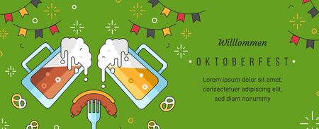 Web banner template for oktoberfest celebration with linear trendy modern flat vector illustrations. Poured beer mugs with foam and sausage on fork in pub or bar for october fest.  Festival flags.のイラスト素材