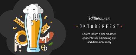 Web banner template for oktoberfest celebration with linear trendy modern flat vector illustrations. Poured beer mug with foam and sausage snack in pub or bar for october fest.のイラスト素材