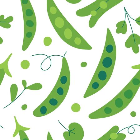 Seamless vector pattern with fresh sweet organic green pea with leaves and herb. Backdrop with tasty vegetable ingredient. Colorful cartoon illustration for fabric print, kitchen textile, menu cover.のイラスト素材