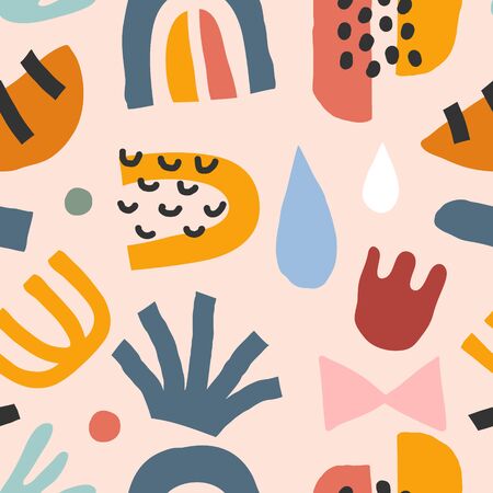 Flat hand drawn contemporary abstract doodles made as seamless repeat pattern. Abstraction colorful background. Trendy paper cut style shapes. Moon, foliage and flower. Good for textile print.のイラスト素材