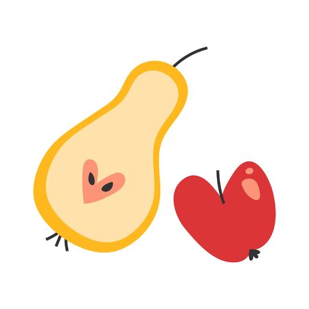 Vector hand drawn illustration of red apple and pear, seasonal fall symbols, crop harvest. Doodle icon in modern trendy flat cartoon style.のイラスト素材