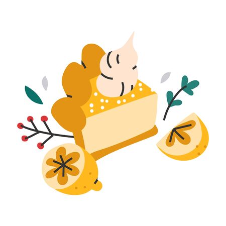 Simple hand drawn illustration of lemon tart cake with lemons and cream on top, autumn seasonal homemade food. Vector doodle icon in modern trendy flat cartoon style.のイラスト素材