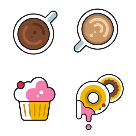 collection of simple flat linear icons for cafe, vector illustrations of coffee donuts and cupcake, good as menu iconのイラスト素材