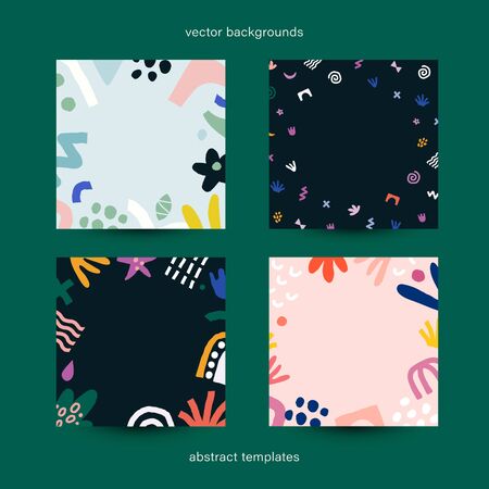 Collection of vector templates with contemporary abstraction illustrations. Square modern frames, place for text. Decorative modern abstract backgrounds for text, posts, quotes, good for social mediaのイラスト素材