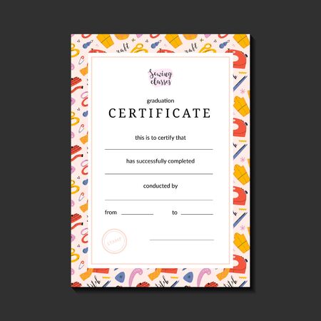 Pre-made certificate for sewing or crafts school, classes or workshop, vector layout for graduation. Colorful illustrations with sewing tools. Modern simple template ready to print.のイラスト素材