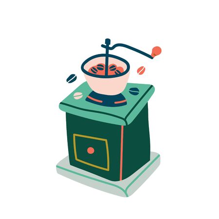 Equipment for grinding coffee, vector illustration, isolated colored drawing of manual vintage coffee grinder.のイラスト素材