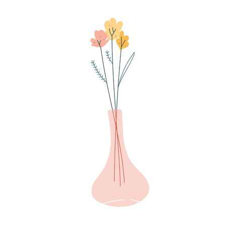 Simple flower bouquet in glass vase, contemporary scandinavian style design, simple vector drawing, isolated handdrawn illustration. Wildflowers in glassware, modern interior decoration.のイラスト素材