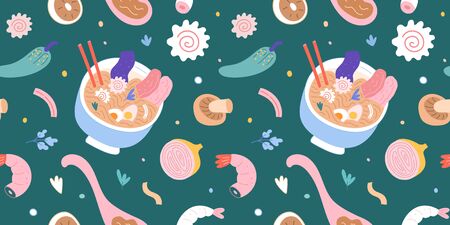 Ramen noodle soup flying background, japanese food, narutimaki, egg and bowl with chopsticks, colorful ornament for ramen shop, menu or wall print. seamless vector pattern for asian cafe, restuarant.のイラスト素材