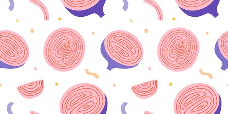 Purple onion vegetable, seamless vector background pattern with slices of onion, flying food ingredient. Good textile print for kitchen, modern flat hand drawn illustration, colorful trendy ornamentのイラスト素材