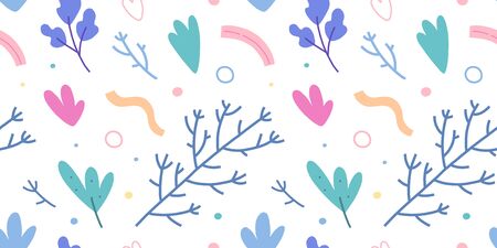 Cooking herb seasoning, seamless vector background pattern with various herbs, flying ingredients. Good textile print for kitchen, trendy doodle hand drawn illustration, colorful ornament backdropのイラスト素材