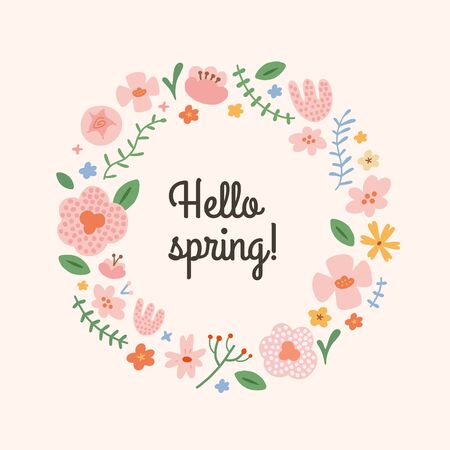 Spring card with typography and flower illustrations. Hello spring card with decorative floral frame, vector illustration, decorative florid background with copy spaceのイラスト素材