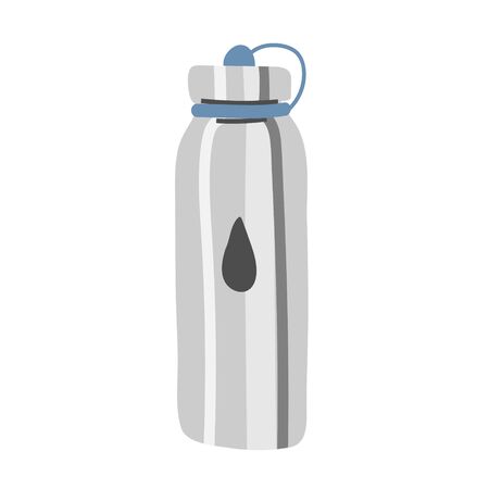 Metal bottle for water, reusable aluminum container for fitness or travelling, shiny bottle, hand drawn vector icon, isolated hand drawn illustrationのイラスト素材