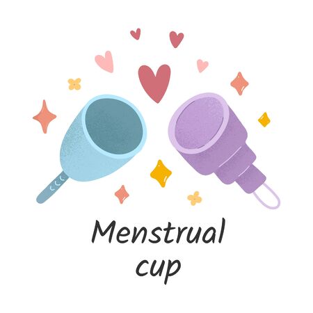 Menstrual cups, various silicone cups for womens menstruatio cycle, reusable supplies for periods, zero waste lifestile, vector illustration のイラスト素材