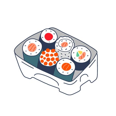 Sushi set in plastic box container for delivery service, various sushi rolls, california, philadelphia and maki with salmon and caviar. Japanese food illustration, Flat doodle isolated art.のイラスト素材