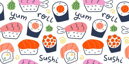Sushi rolls pattern, seafood illustration, philadelphia, maki and nigiri, yummi japanese food with salmon and shrimp, cute doodle art, seamless vector background for sushi bar, cafe and deliveryのイラスト素材