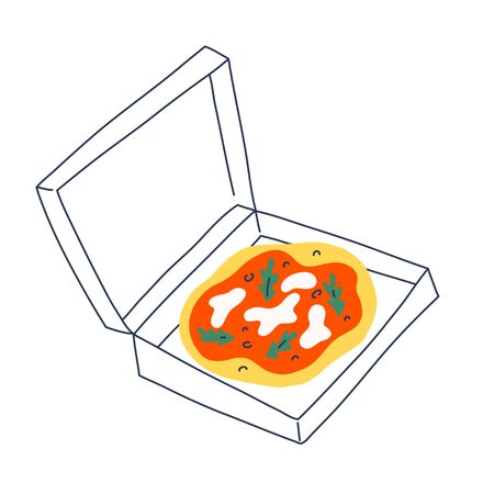 Pizza in box, doodle illustration, open carton container with hot tasty italian pizza with mozzarella cheese and tomato sause, hand drawn sketch art, isolated vector drawing for pizzeria or cafeteriaのイラスト素材