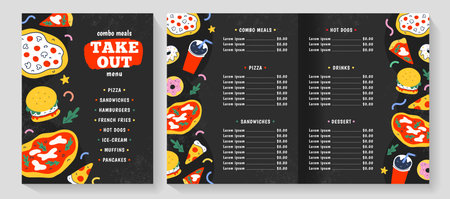 Fast food menu, vector leaflet layout, restaurant menu template, american and italian food, pizza, hamburger and soda, trendy doodle cartoon, cardboard list with combo menu, black flyer for cafeのイラスト素材