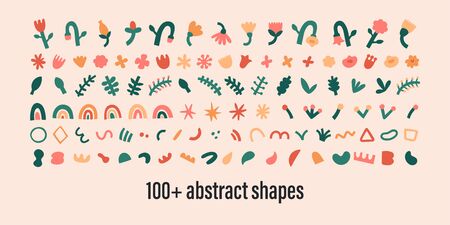 Abstract shapes collection, isolated contemporary art doodles, bundle of flowers, swirls and dots leaves. Linocut stamp shapes, abstraction generator. colorful blot. Trendy motley illustrationのイラスト素材