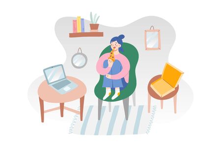Girl eating pizza, watching videos on laptop, cozy interior, modern living room, cartoon illustration, indoors activities on isolation quarantine, open box with pizza slice, concept of leisure timeのイラスト素材