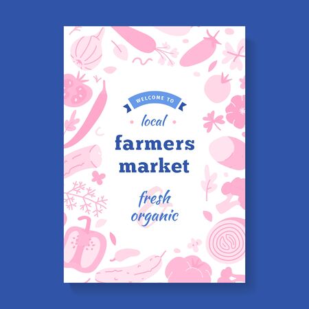 Farmers market banner, frame border with illustrations of vegetables, modern vector template for local food fair, vertical typography poster layout with logo, banner for homegrown produceのイラスト素材