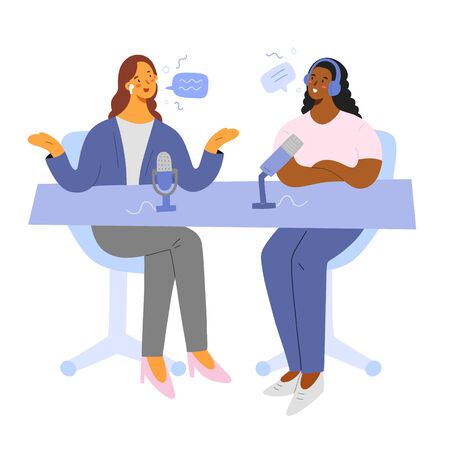 Podcast host with guest talking, live broadcasting on air, radio program, people discussing news, recording a show, flat cartoon characters with microphones, vector illustration, speech bubblesのイラスト素材