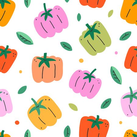 Bell pepper seamless pattern, hand drawn doodles . Yellow, green and red paprika, various sweet pepper vegetable, Vector food illustration in cartoon simple flat style.のイラスト素材